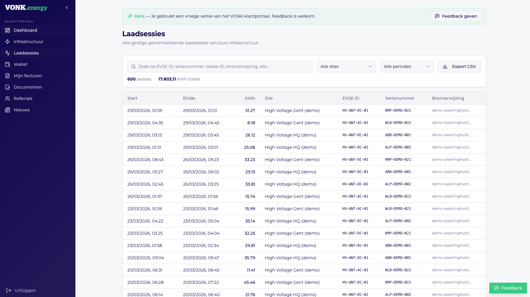 VONK Energy — Charging sessions with search, filters and export