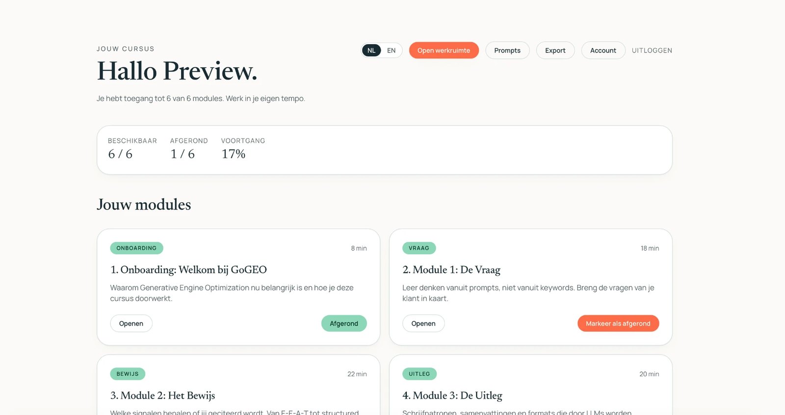 GoGEO Today — Course dashboard with modules and progress