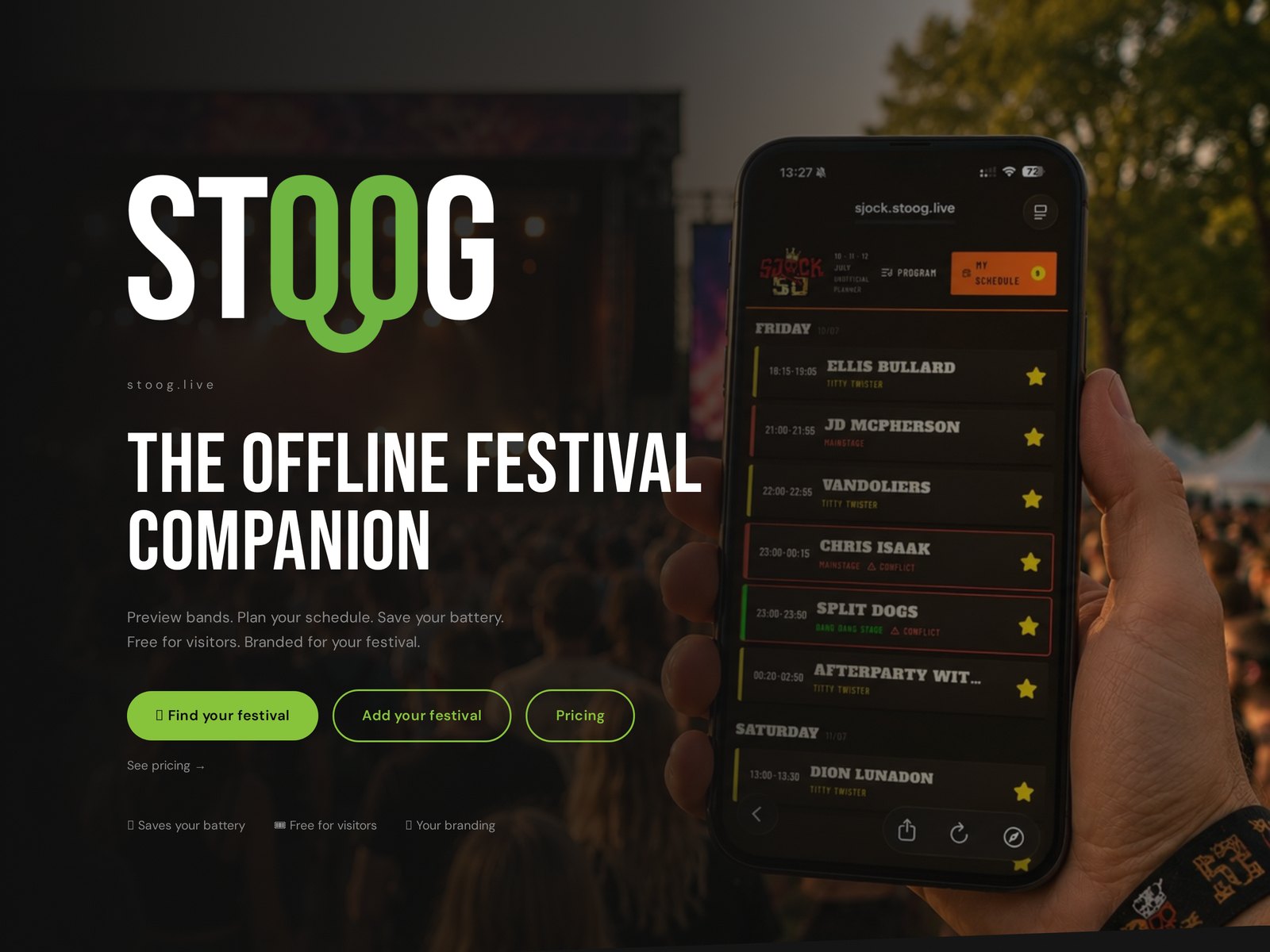 Stoog — Homepage with the offline festival companion proposition
